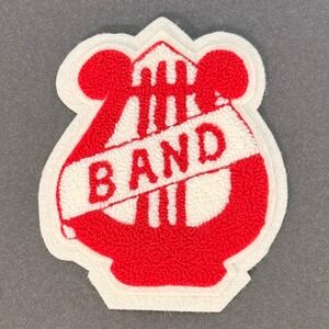 Vintage Red White Chenille Varsity Patch Band Lyre Harp Sew On Letterman Jacket